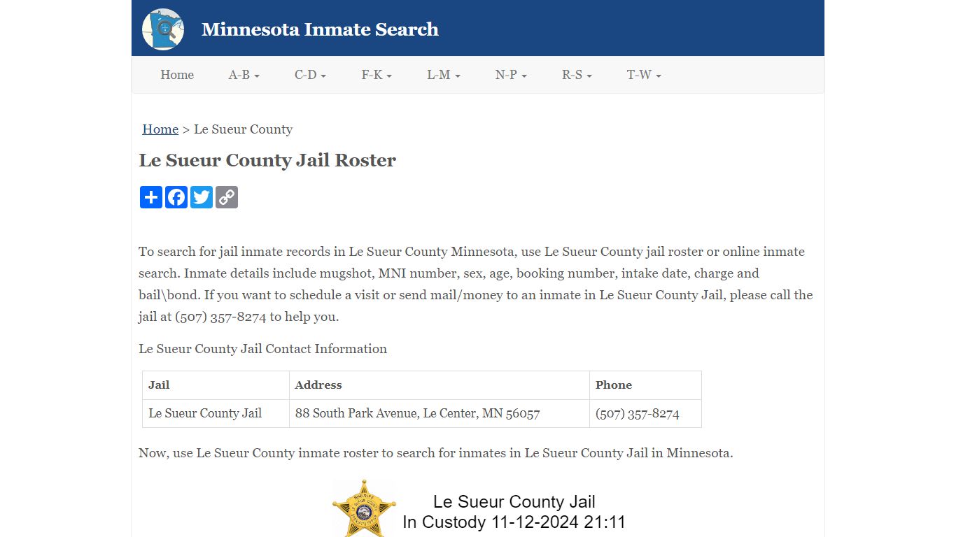 Le Sueur County Jail Roster - Minnesota Inmate Search